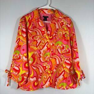 Anne Carson 100% Silk Pink Orange Long Sleeve Wild 60s Patterned Blouse HH0655